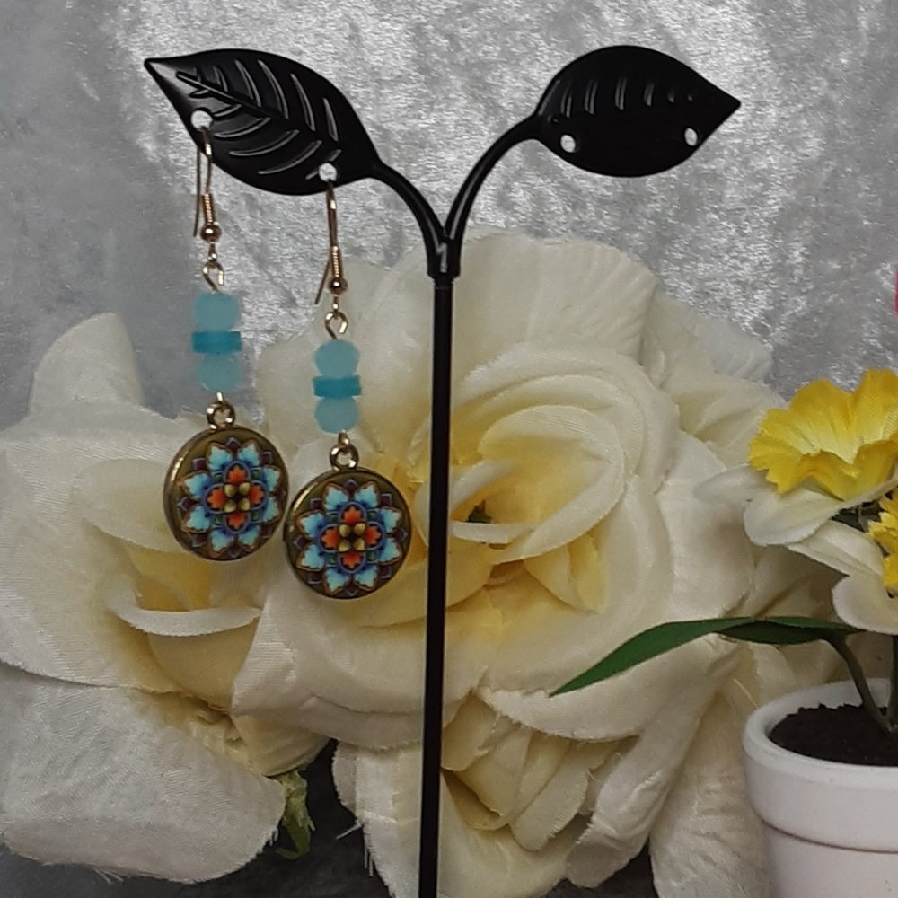 Handmade Medallion Earrings Broze Blue Orange